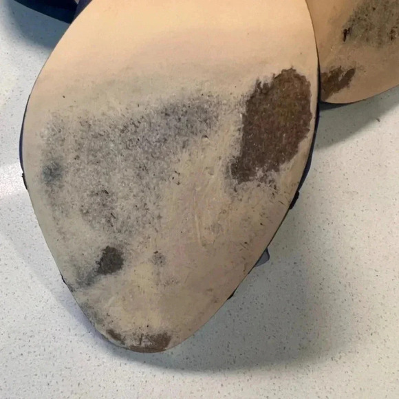 Worn Navy Satin Open Toe Heels Size 10 - Picture 14 of 16